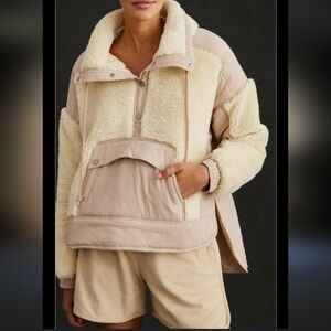 Anthropologie Cream and Tan Sherpa Pullover Jacket Daily Practice